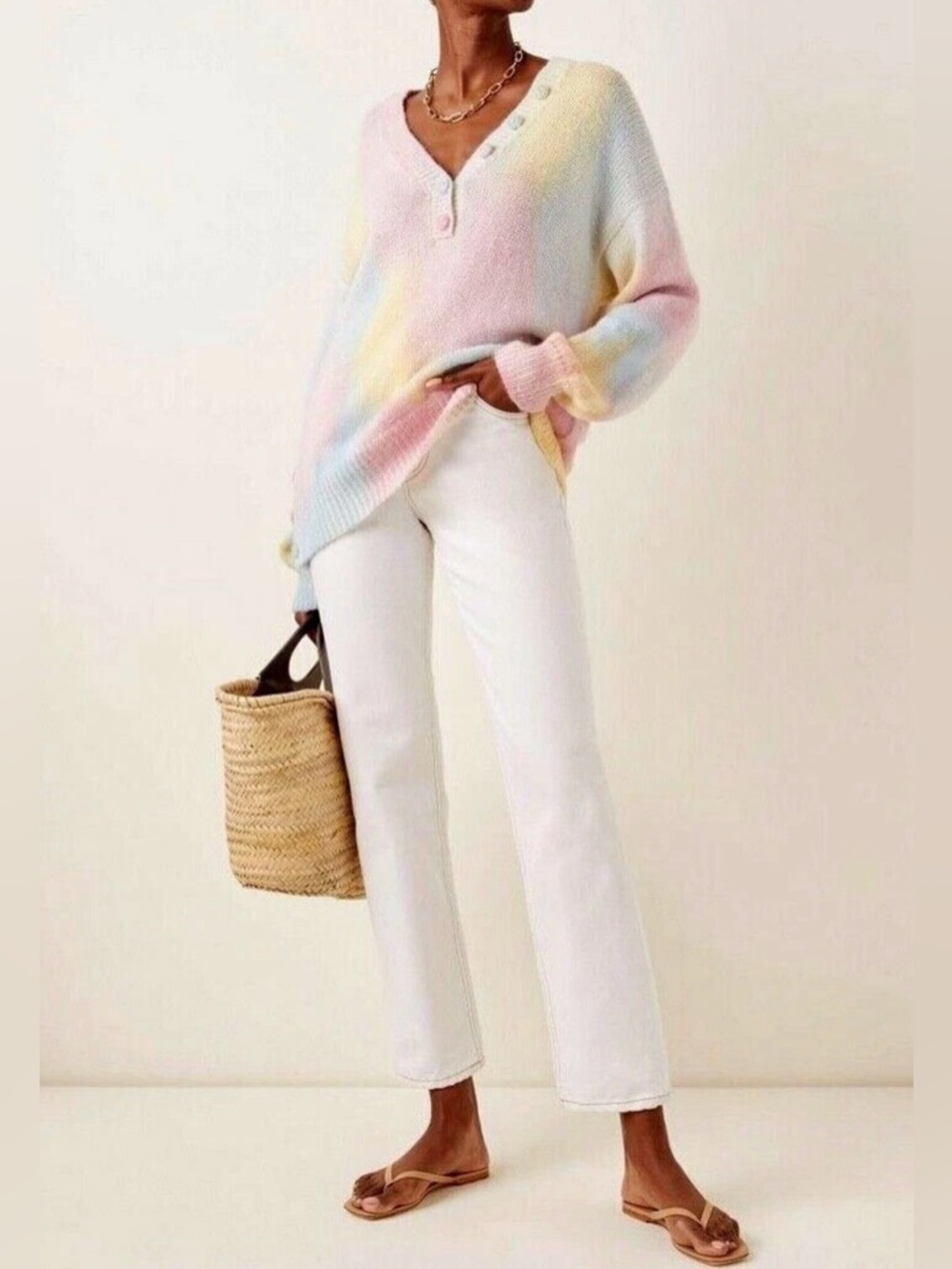 NWT LoveShackFancy Naveen V-Neck Sweater Pastel Alpaca Blend M